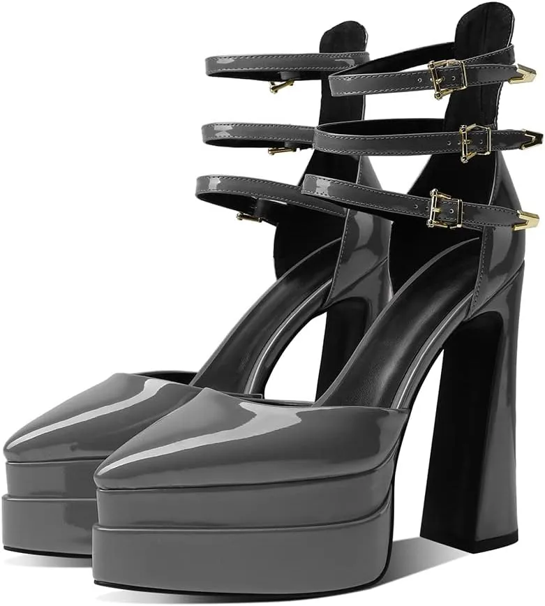 Womens Platform Heels Chunky High Block Heels Pointed Toe Pumps