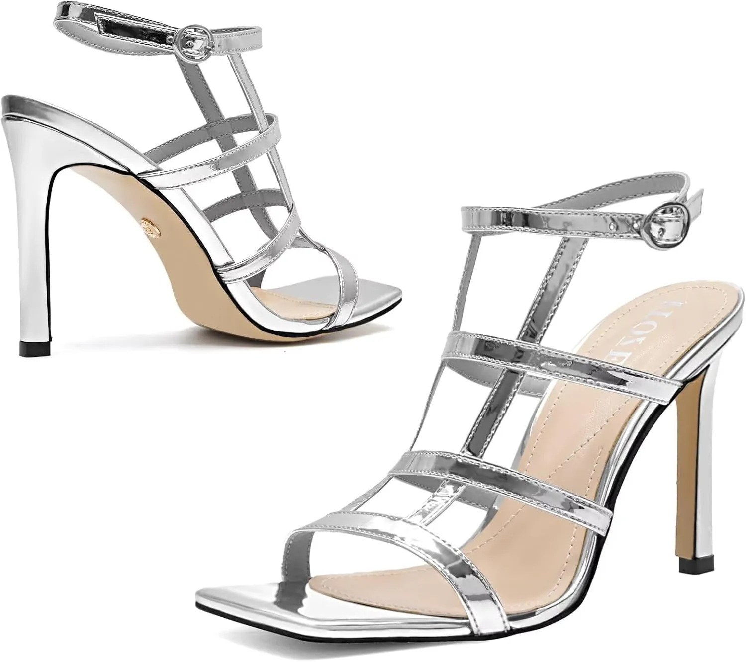 Womens Strappy Heeled Sandals Stilettos High Heels Square Open Toe Heels Buckle Ankle Wedding Party Dress Heels