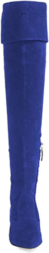 YDN Women Pointed Toe Over The Knee High Stilettos Kitten Mid Heel Wide Calf Zipper Dress Shoes