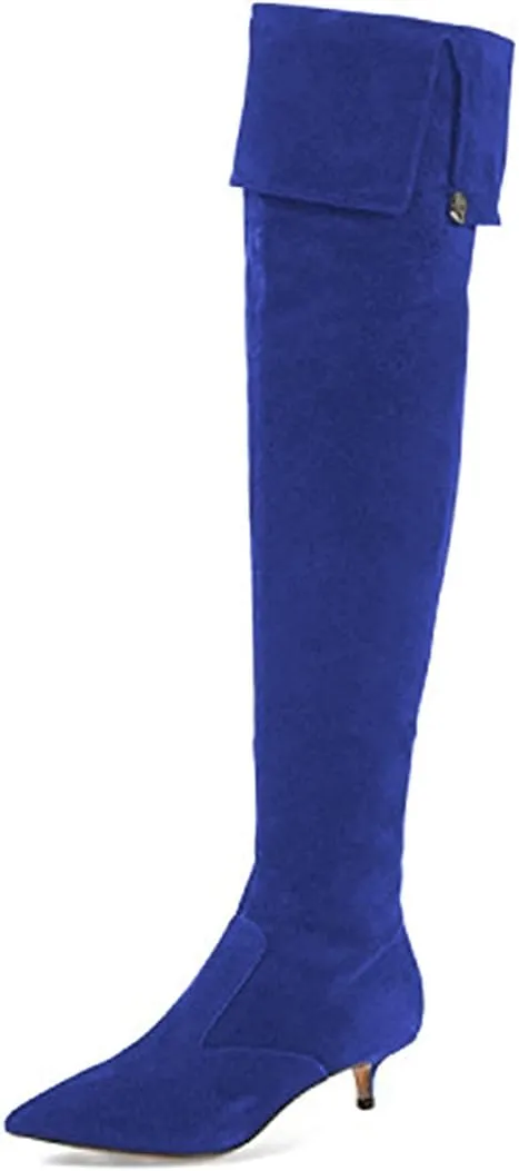 YDN Women Pointed Toe Over The Knee High Stilettos Kitten Mid Heel Wide Calf Zipper Dress Shoes
