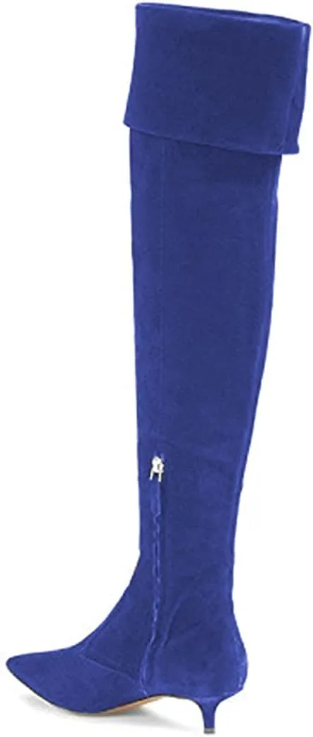 YDN Women Pointed Toe Over The Knee High Stilettos Kitten Mid Heel Wide Calf Zipper Dress Shoes