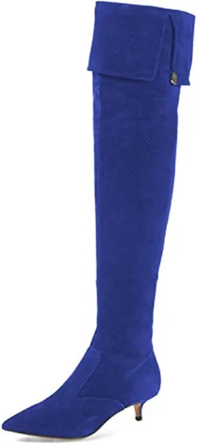 YDN Women Pointed Toe Over The Knee High Stilettos Kitten Mid Heel Wide Calf Zipper Dress Shoes