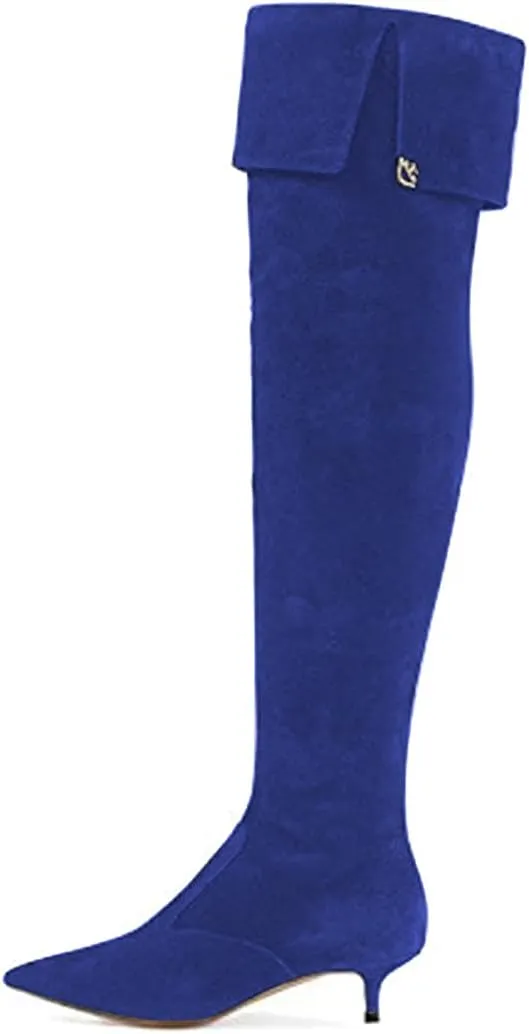 YDN Women Pointed Toe Over The Knee High Stilettos Kitten Mid Heel Wide Calf Zipper Dress Shoes