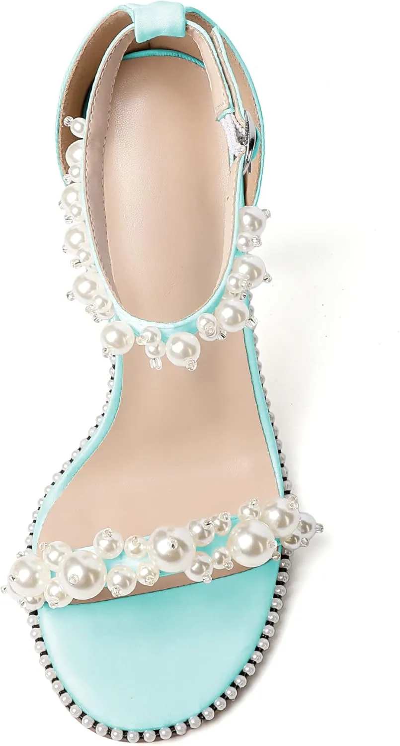 YODEKS Women's High Heels, Open Toe Ankle Strap High Heeled Summer Sandals, Round Toe Stiletto Heel 4.4 Inch Gem Pearl Dress Shoes for Ladies Office Wedding Evening