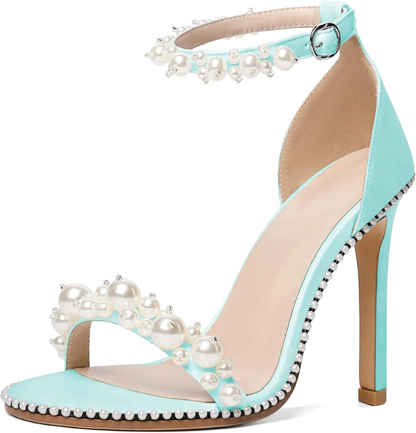 YODEKS Women's High Heels, Open Toe Ankle Strap High Heeled Summer Sandals, Round Toe Stiletto Heel 4.4 Inch Gem Pearl Dress Shoes for Ladies Office Wedding Evening