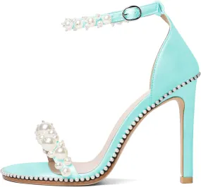 YODEKS Women's High Heels, Open Toe Ankle Strap High Heeled Summer Sandals, Round Toe Stiletto Heel 4.4 Inch Gem Pearl Dress Shoes for Ladies Office Wedding Evening