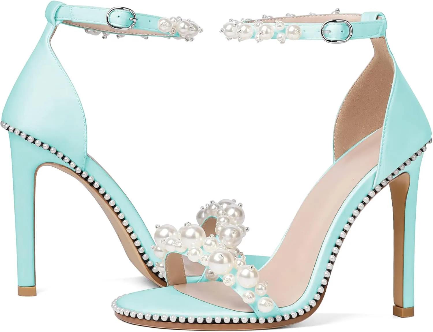 YODEKS Women's High Heels, Open Toe Ankle Strap High Heeled Summer Sandals, Round Toe Stiletto Heel 4.4 Inch Gem Pearl Dress Shoes for Ladies Office Wedding Evening
