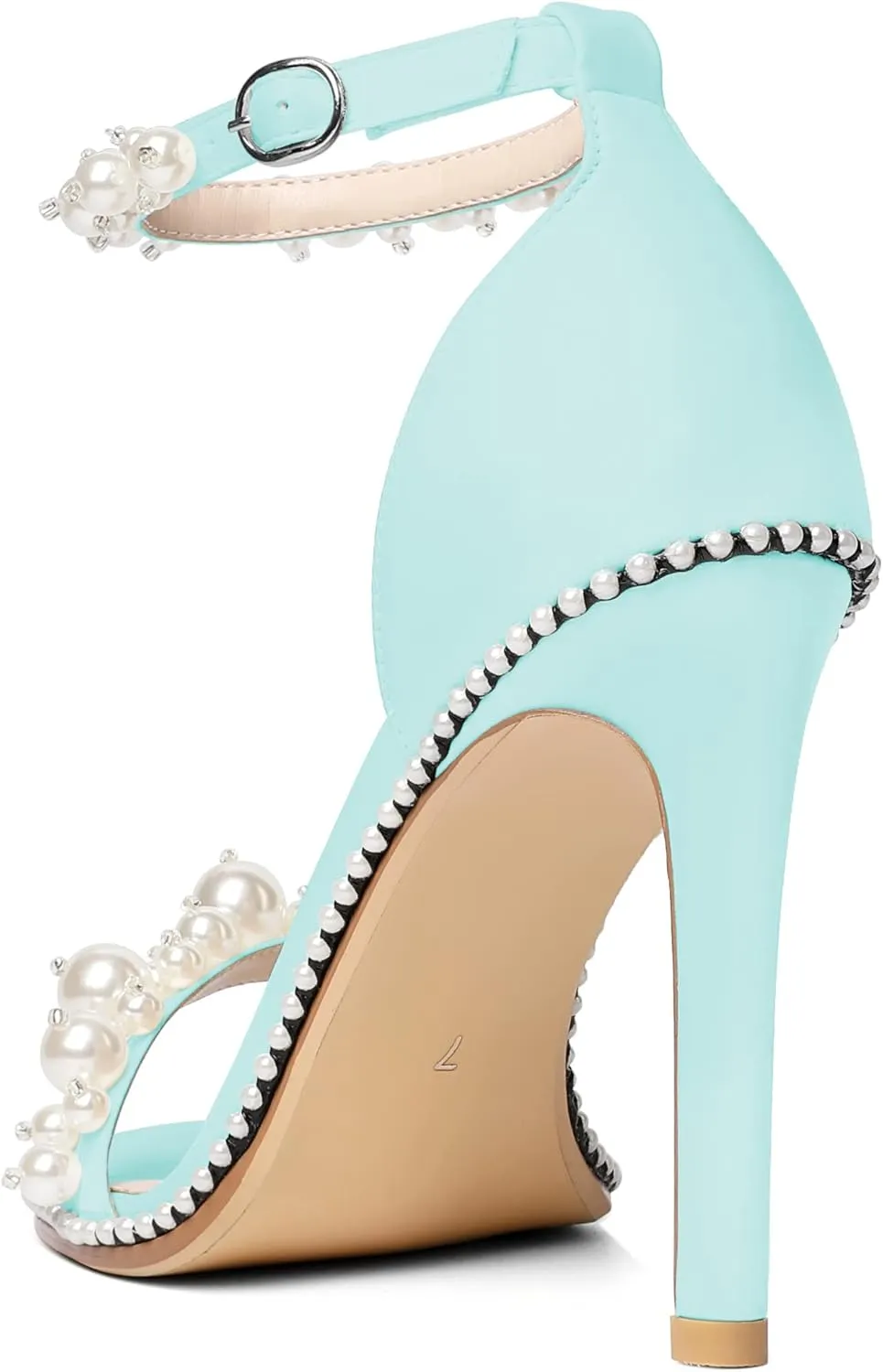 YODEKS Women's High Heels, Open Toe Ankle Strap High Heeled Summer Sandals, Round Toe Stiletto Heel 4.4 Inch Gem Pearl Dress Shoes for Ladies Office Wedding Evening